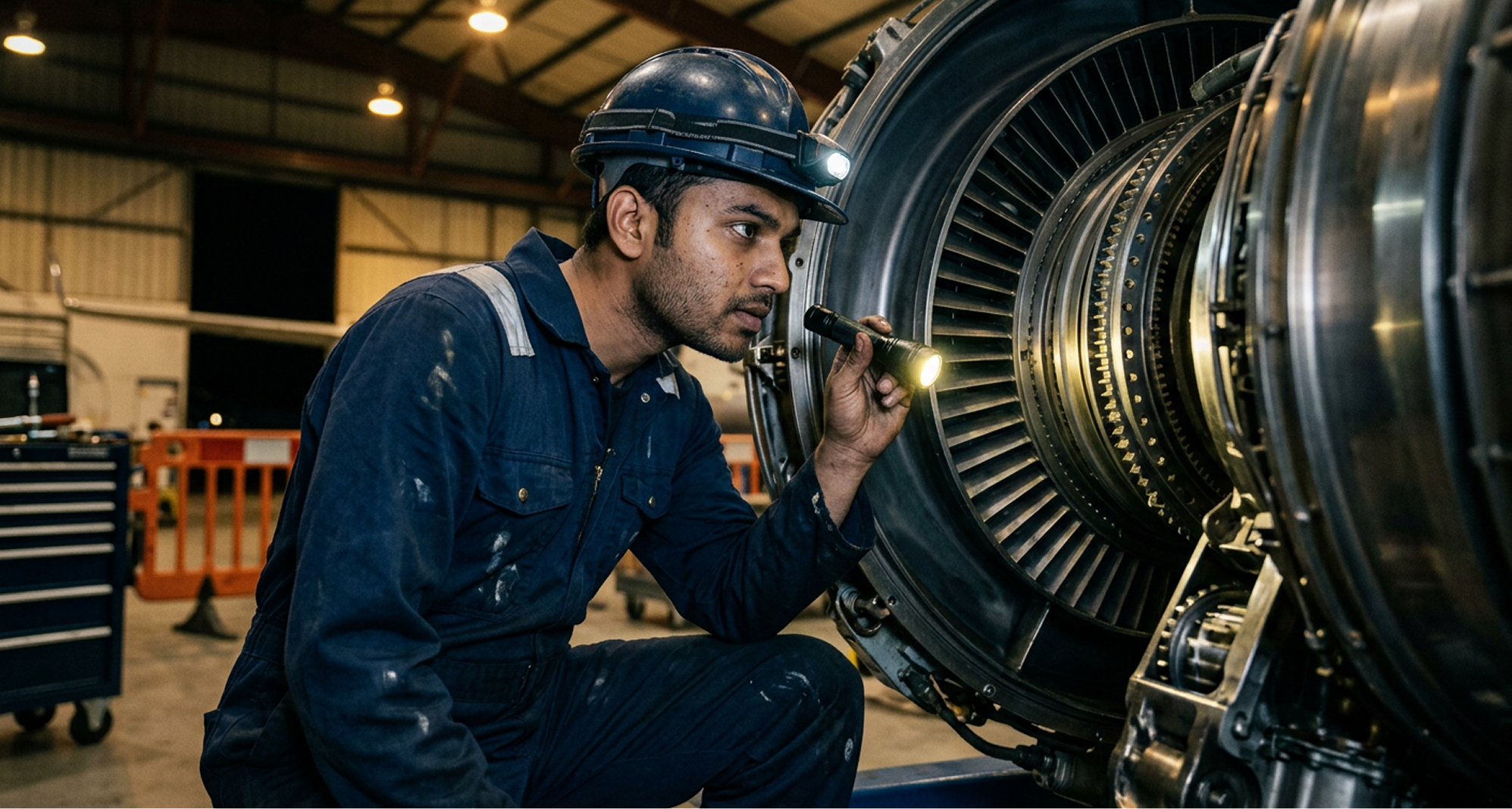 Students working on aircraft engine maintenance