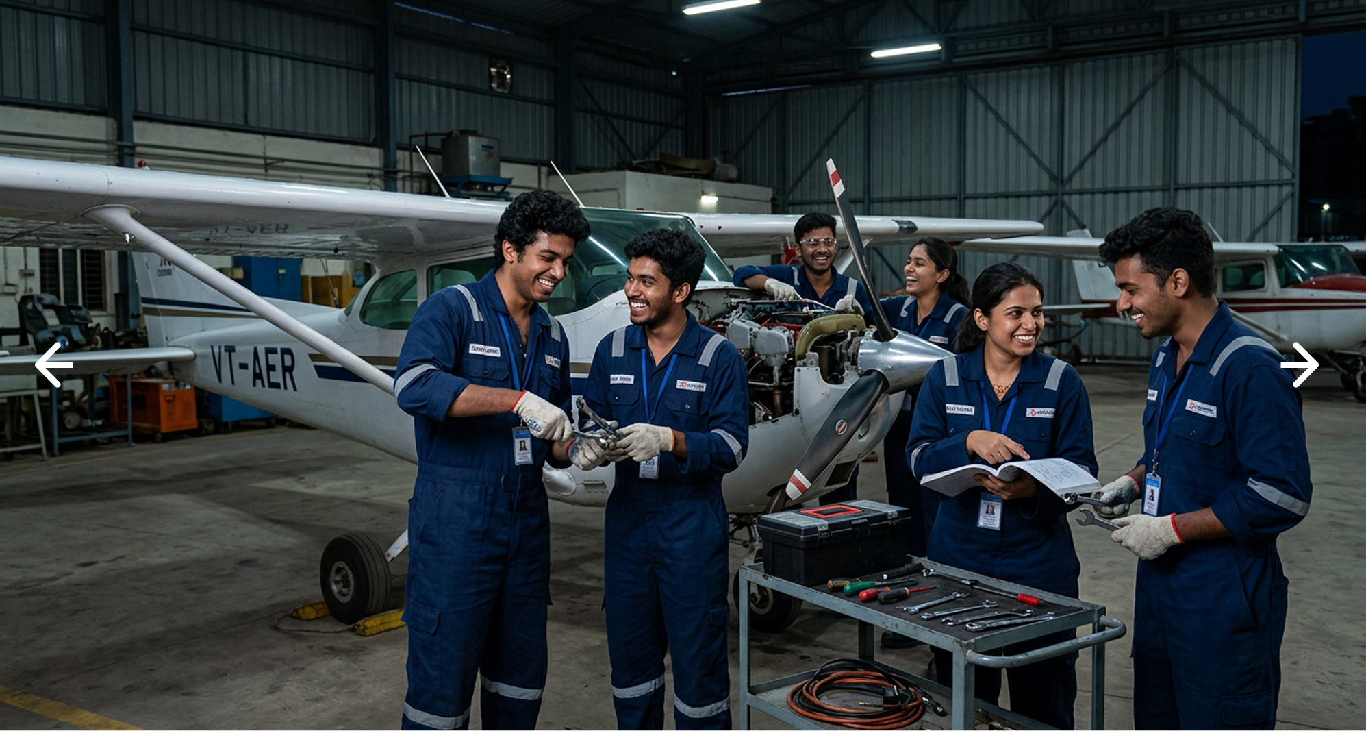 Students working on aircraft engine maintenance